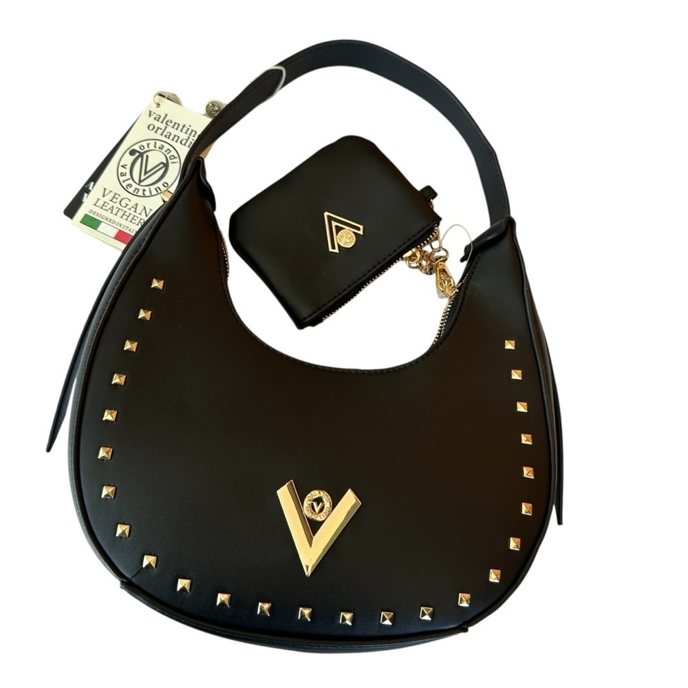 Valentino Orlandi Black Vegan Leather Satchel Shoulder Bag, Gold Studs, + Wallet